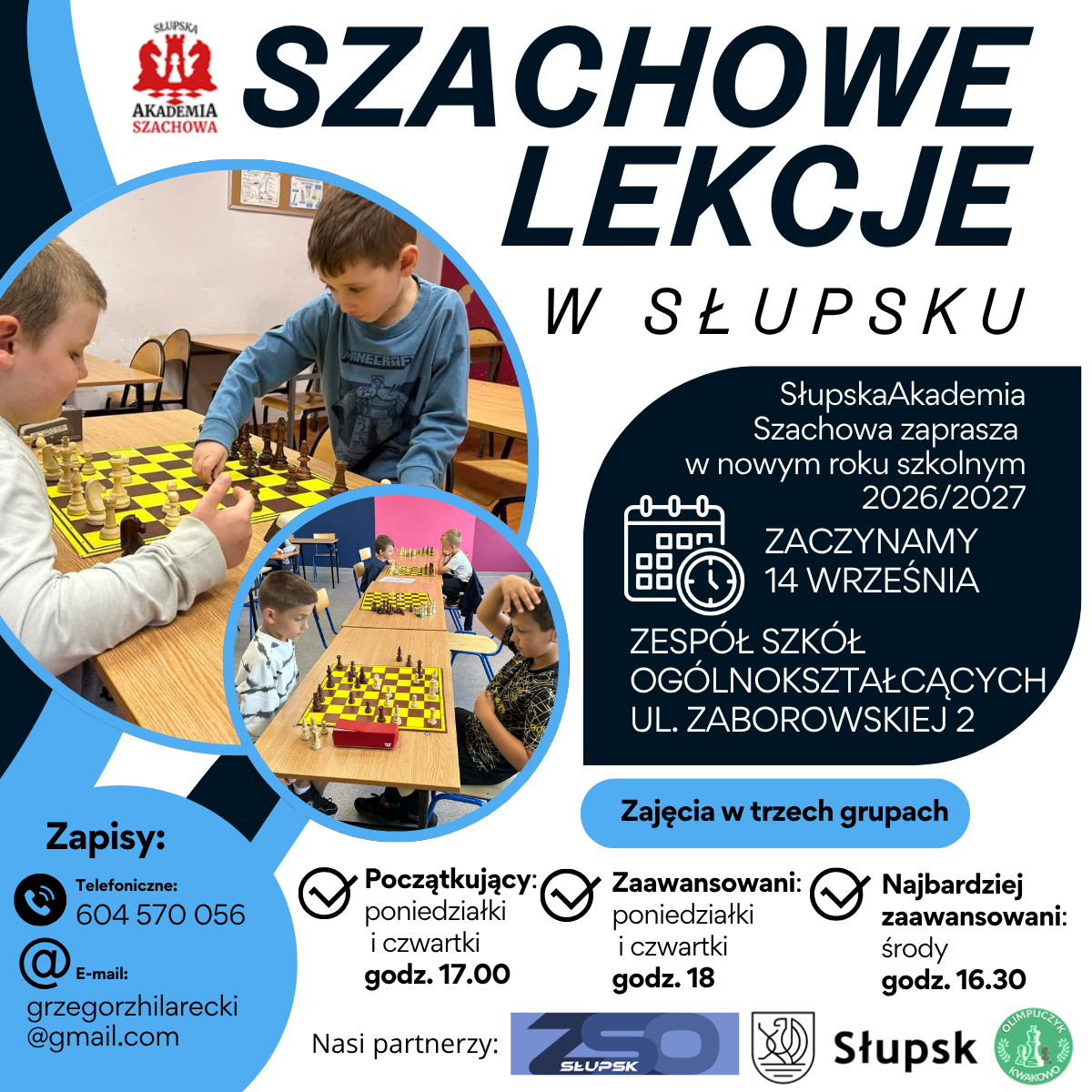 Grafika z tekstem jak w artykule, na zdjęciach młodzi ludzie grajacy w szachy