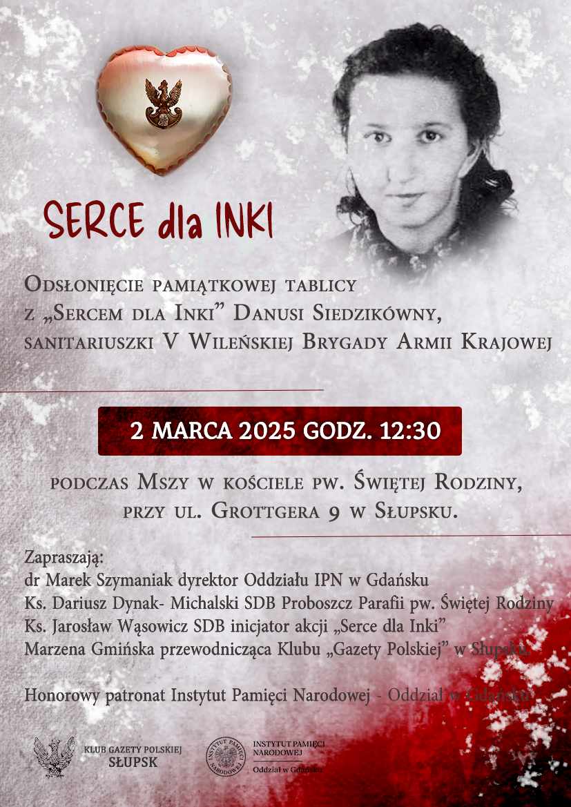 Plakta informacyjny z tekstem jak w artykule i grafika : wizerunek patronki tablicy