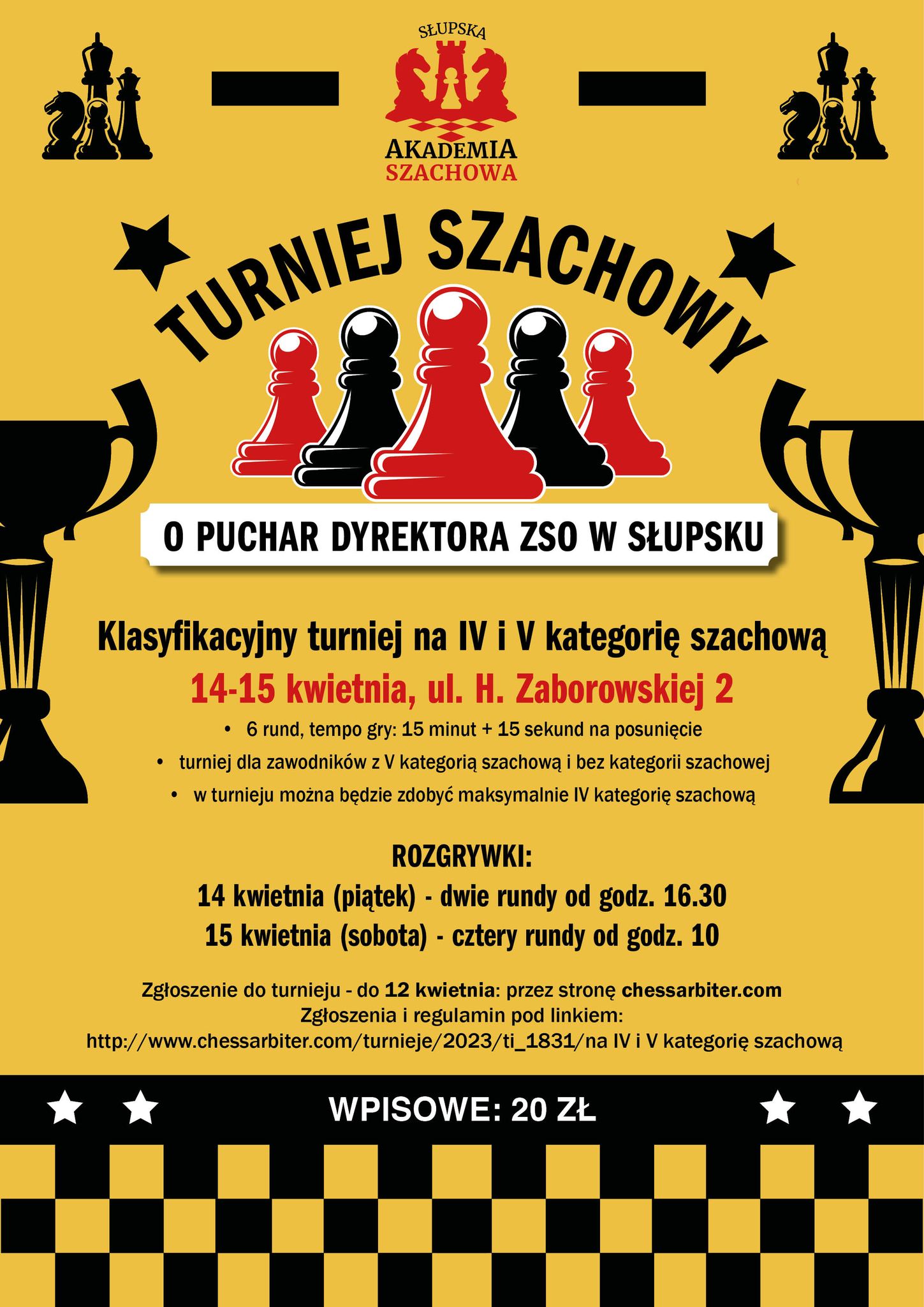 Na zdjęciu plakat z informacjami jak w tekście poniżej; na grafice głównie figury szachowe i szachownica