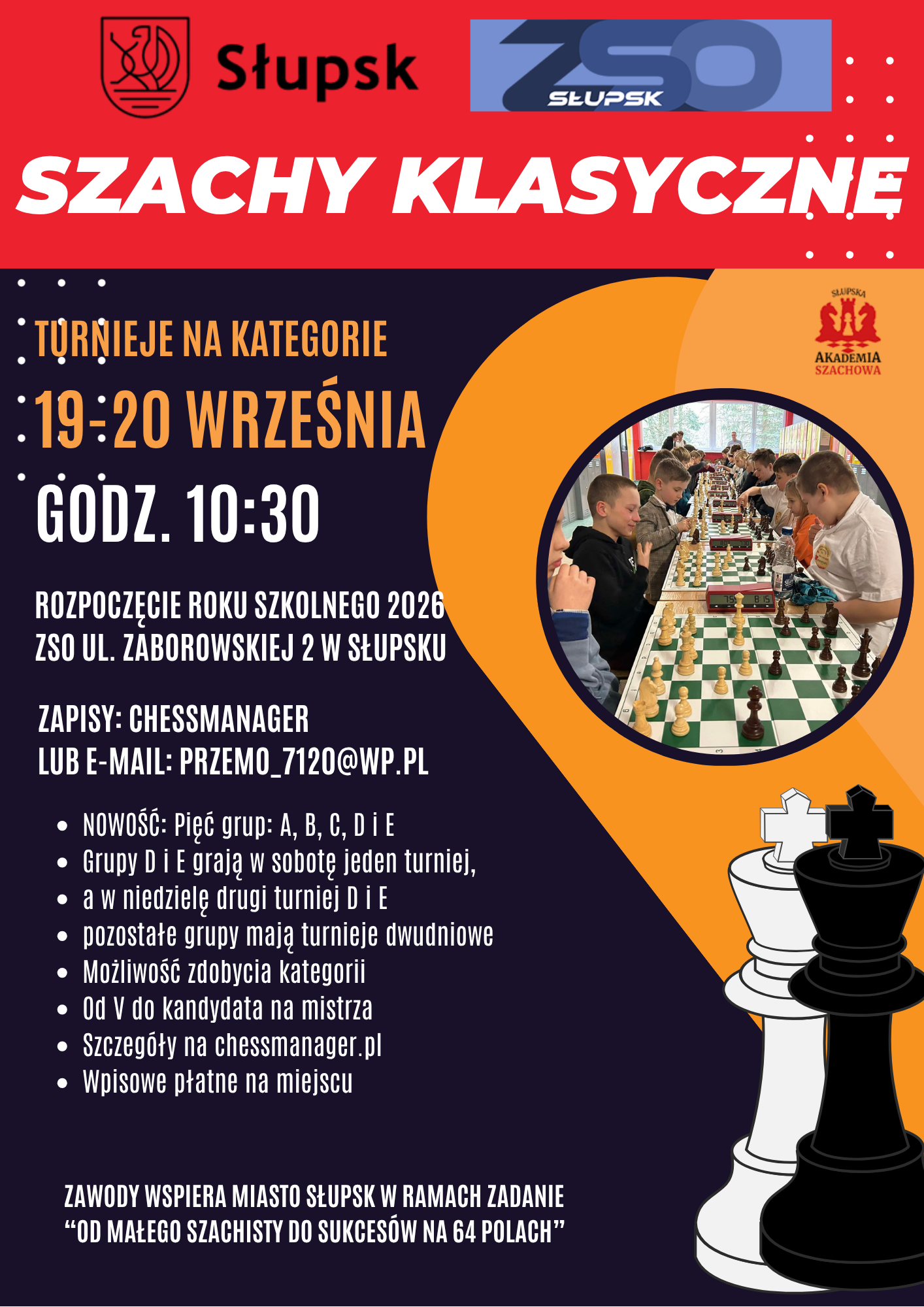 Grafika szachowe i zdjęcie z poprzednich zawodów szachowych, tekst na plakacie jak w artykule