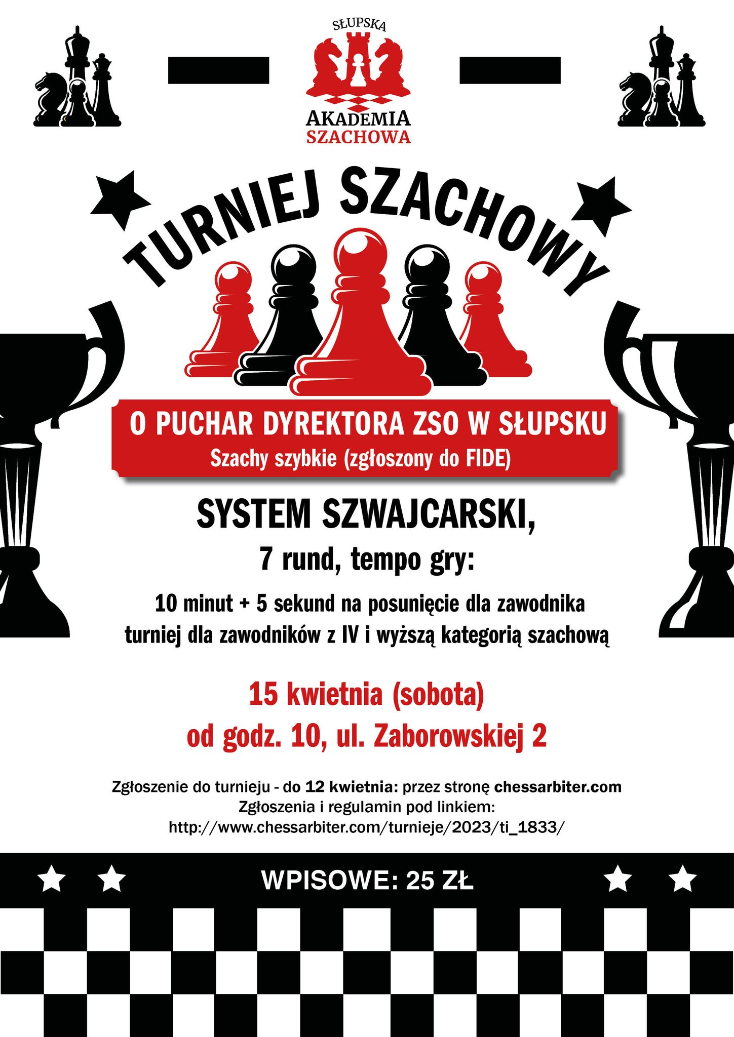 Puchar Dyrektora ZSO - informacje na plakacie z grafiką figur szachowych poniżej w artykule