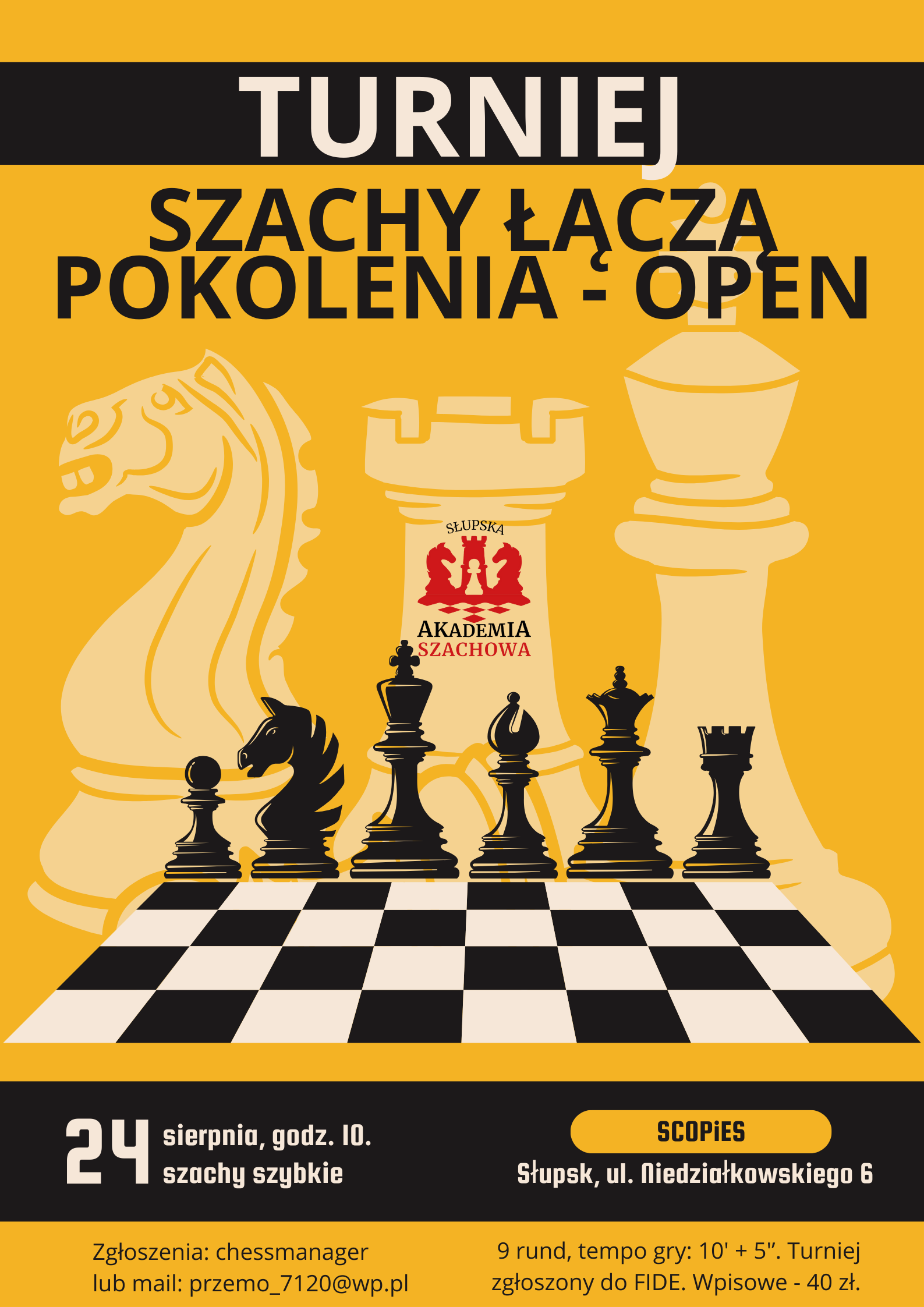 Plakat informacyjny z tekstem jak powyżej; grafika: szachownica i figury szachowe