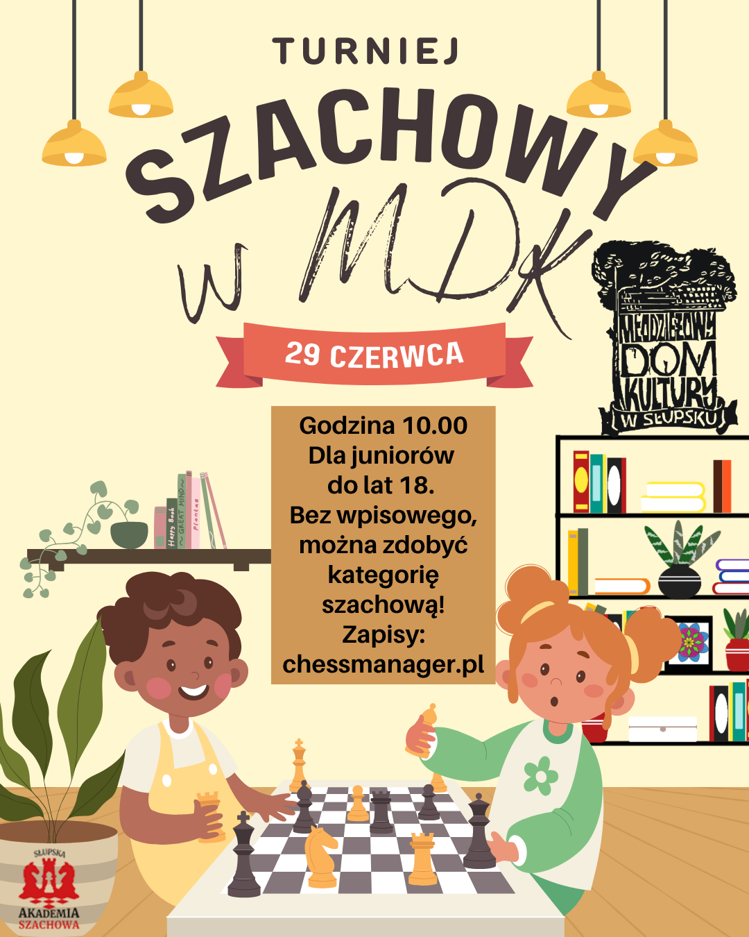 Turniej szachowy z informacjami jak pod zdjęciem, grafika - ludzie przy szachownicy