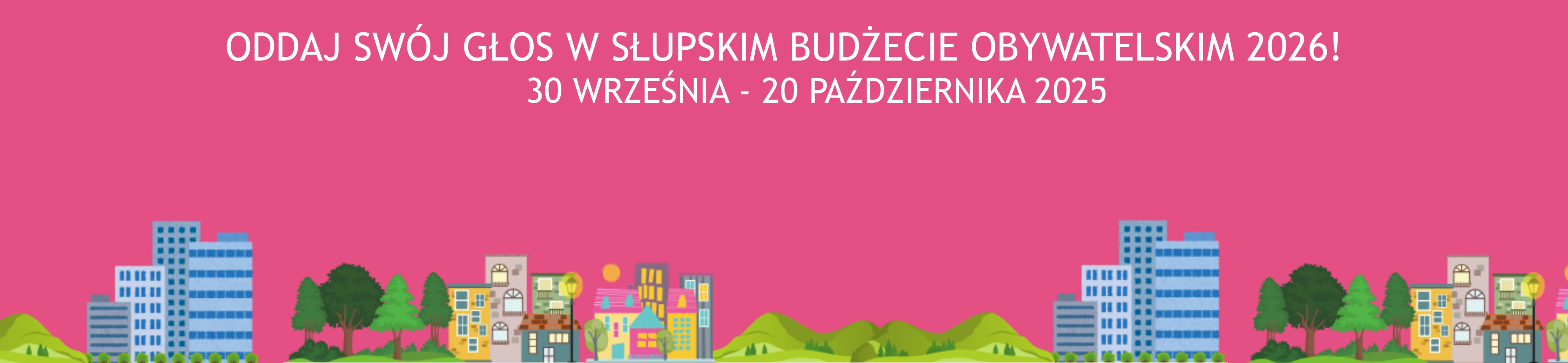 baner SBO 2026 - tło różowe, na dole grafika miasta, po lewej logo miasta, po prawej logo SBO