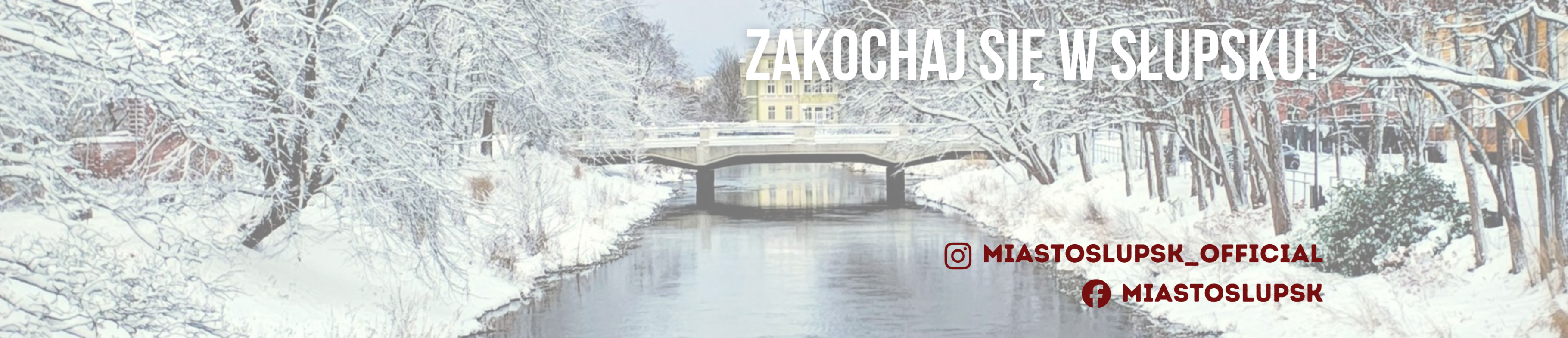 zimowe zdjęcie rzeki Słupi, drzewa pokryte śniegiem, most w tle i budynek