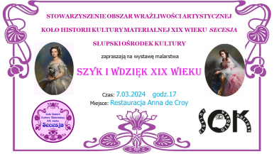 grafika tekst otoczony różową, ozdobną ramką z dwoma portretami dam w sukniach z XIX wieku