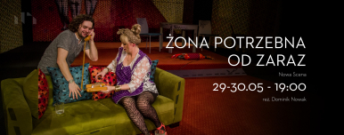 baner spektaklu - mężczyzna i kobieta na sofie, mężczyzna rozmawia przez telefon