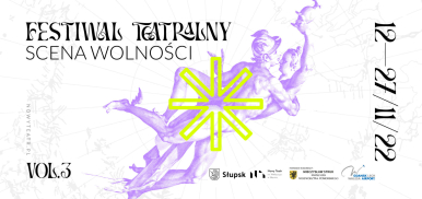 grafika Festiwalu Teatralnego - białe tło na środku mityczne postacie splątane ze sobą w kolorze fioletowym