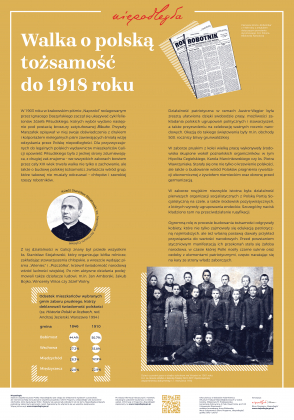 plansza wystawy, napis "walka o polską rożsamość do 1918 roku", u góry zdjęcie dawnej gazety, po środku po lewej zdjęcie księdza Stojałkowskiego, na dole po prawej zdjęcie młodzieży