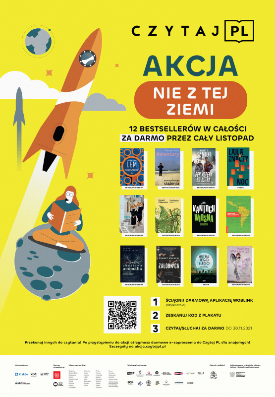 żółte tlo, na nim ikonki kolorowych książek z tytułami wymienionymi w tekście. Czytaj.pl Akcja nie z tej Ziemi!