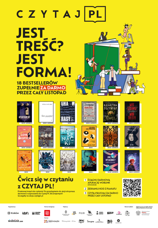 żółty plakat promujący akcje czytelnicza,18 kolorowych okładek książek dostępnych w akcji i kod QR