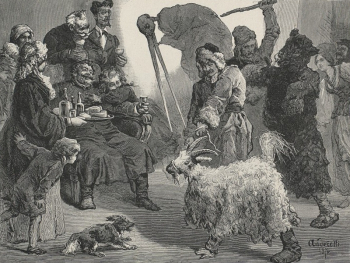 czarno biała grafika przedstawiająca postacie spod włościańskiej strzechy i ze szlacheckiego dworu podczas "wodzenia krowy"