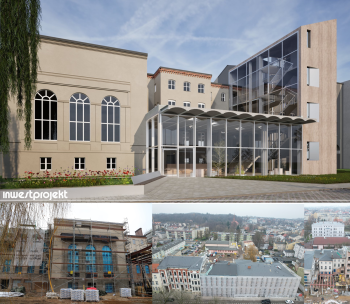 Wizualizacja Słupskiego Centrum Wsparcia (na g&oacute;rze), widok aktualny od strony dziedzińca (na dole z lewej strony) oraz widok z od strony ul. Partyzant&oacute;w (na dole z prawej strony).