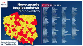 Mapa z powiatami żółtymi i czerwonymi od 17.10.2020
