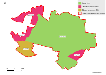 grafika prezentrujaca granice miasta w 2022 roku oraz po włączeniach obszarów w 2022 oraz 2026 roku