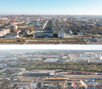 Widok na budowę nowej stacji PKP (na g&oacute;rze) oraz miejsce zaplanowanej budowy połączenia węzła transportowego z rondem Sobieskiego/Banacha (na dole).