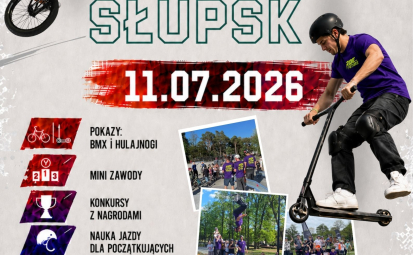 Plakat imprezy z osobami jeżdżącymi na bmx i hulajnodze. Poniżej nich informacje n/t zawodów.