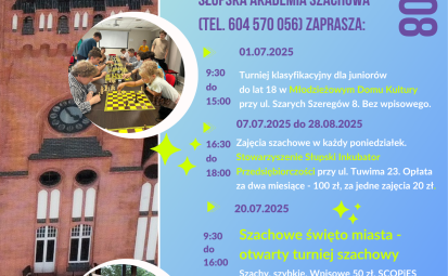 Plakta informacyjny z tekstem jak w artykule i grafika : ratusz oraz Grzegorz Hilarecki z planszą szachową