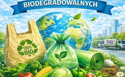 Plakat wydarzenia - Tydzień Worków Biodegradowalnych, napis Dbamy o środowisko, na środku plakatu worki, warzywa, owoce i roślinność