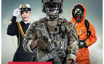 Plakat, Święto Wojska Polskiego , z napisem DZIĘKUJEMY ZA WASZĄ SŁUŻBĘ oraz wizerunki trzech żołnierzy reprezentujących różne rodzaje sił zbrojnych