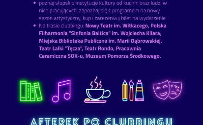 plakat wydarzenia Coolturalny Clubbin - informacje dot. miejsca wydarzenia, godziny, neonowe obrazki na granatowym tle, logotypy isntytucji współogranizujących wydarzenie