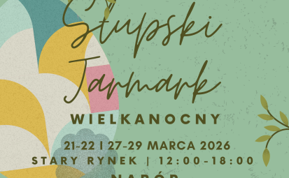 informacja o jarmarku wielkanocnym - zielone tło i grafika jajka wielkanocnego, termin jarmarku oraz miejsce