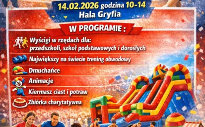 Plakat z dmuchańcami, zawodnikami i informacjami o zawodach.