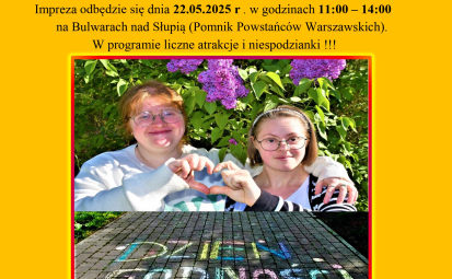 Plakat informacyjny, czarny napis na żółtym tle zapraszający do wzięcia udziału w obchodach Dnia Godności Osób z Niepełnosprawnością Intelektualną