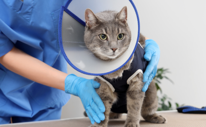 Zdjęcie przedstawia szarego kota po zabiegu wykastrowaniu