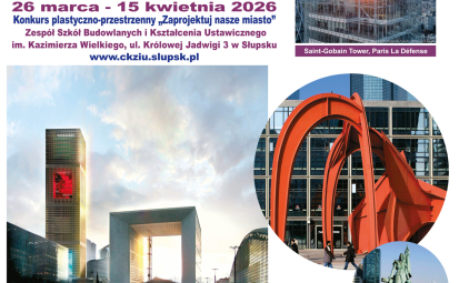 Plakat wystawy, w treści informacje o wydarzeniu, zdjęcia architektury z Paryża, logotypy instytucji wspierająfcych oraz wspóółoprganizująch wystawę, treści z plakatu zawarte są w treści informacji