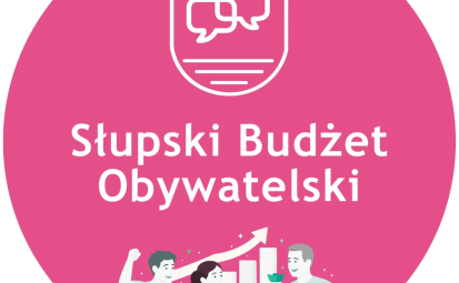 Logotyp SBO - różowe koło, na grafiki przedstawiające dwóch mężczyzn i jedną kobietę, trzymają w rękach pieniądze, za nimi wykres słupkowy przedstawiający wzrost