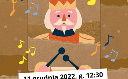 Plakat koncertowy na brązowym tle bajkowa postać dziadka do orzechów, w czapce bębenkiem z pałeczkami