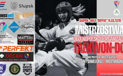 Plakat imprezy, zawodniczki taekwondo w trakcie pojedynku