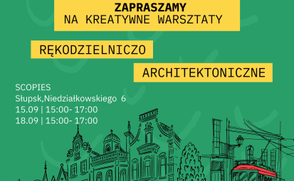 plakat informacyjny z treścią jak w artykule - grafika- rysunek zabytków i tramwaj