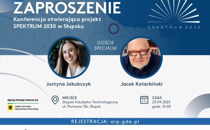 Plakat informacyjny o wydarzeniu, forma zaproszenia na konferencję otwierającą projekt SPEKTRUM 2030 w Słupsku. Na grafice zdjęca prelegentów w kształcie kół, logotypy, informacja o rejestracji na wydarzenie