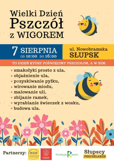 jasna grafika na pierwszym planie dwie pszczólki, na dole różowe kwiatki, informacja jak w tekście