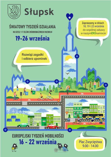 plakat obrazujący Miasto Słupsk, na którym znajdują się elementy graficzne