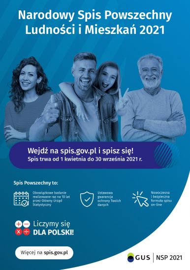 plakat Narodoweggo Spisu Powrzechnego Ludności i Mieszkań; na plakacie cztery osoby - dwóch mężczyzn i dwie kobiety; logotypy oraz dane dot. spisu