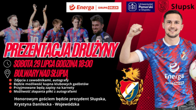 Plakat z piłkarzami Gryfa Słupsk i logiem zespołu.