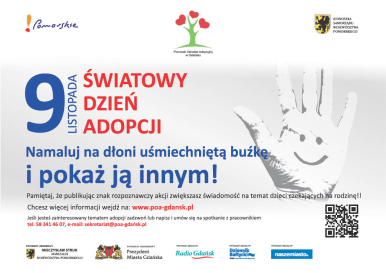 Grafika promująca Światowy Dzień Adopcji z treścią jak poniżej, w artykule, rozbudowanym o nowe informacje plus zdjęcie dłoni z namalowaną buźką