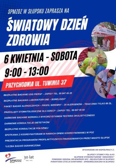 Plakat informacyjny jak w treści artykułu , grafika - pielęgniarka wykonująca badanie, namiot SPMZOZ, maskotka pokazowa - jak myć zęby