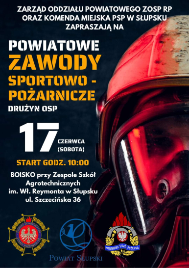 Plakat informacyjny z treścią jak w artykule oraz grafiką przedstawiającą twarz strażaka w masce i mundurze