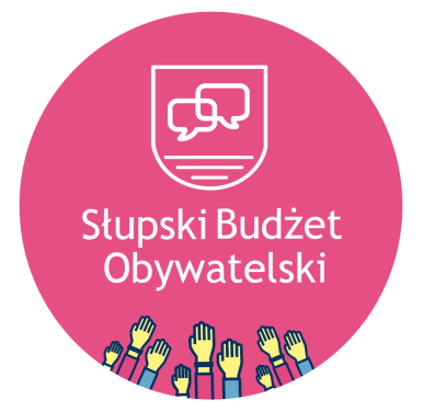 Logotyp SBO - różowe koło, na dole ręce podniesione do góry, napis Słupski Budżet Obywatelski