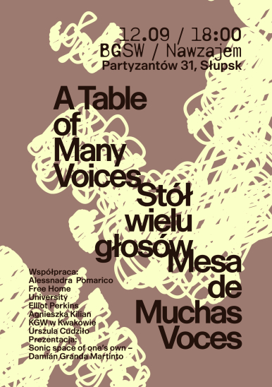 Plakat wydarzenia "Stół wielu głosów". Kolorystyka brązowo-żółta. Informacje o terminie wydarzenia oraz osób biorących udział - informacje zawarte w treści opisu.