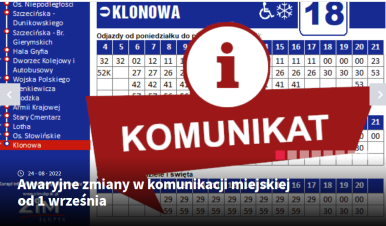 Na zdjęciu widzimy zdjęcie rozkładu jazdy z napisem - KOMUNIKAT .