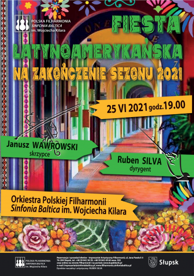 Barwny plakat koncertu - korytarz w perspektywie z kolorowymi , pionowymi pasami na obrzeżach kwiaty. Tekst jak w treści