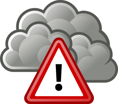 Grafika ostrzegająca symbolizująca wiatr i chmury oraz trójkąt ostrzegawczy - czwerwona ramka z wykrzyknikiem w środku
