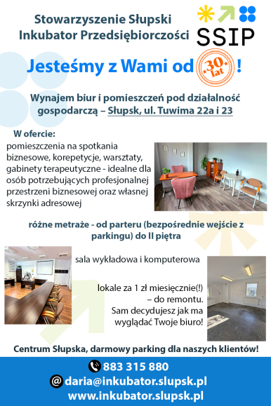 plakat Słupskiego Stowarzyszenia Inkubator Przedsiębiorczości, tekst dot. wynajmy lokali, zdjęcia dostępnych lokali