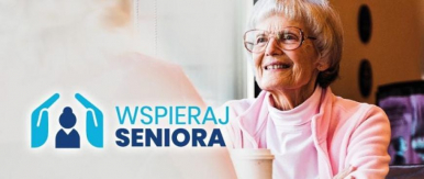 banner akcji Wspieraj Seniora - napis i grafika prezentująca osobę starszą pijącą kawę