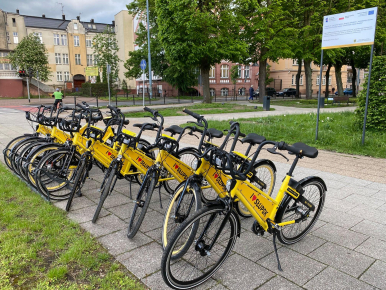 Rząd rowerów zaparkowany na stacji.